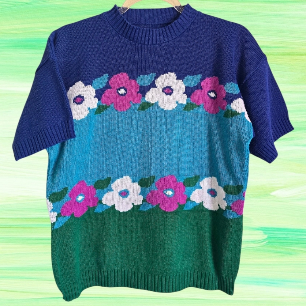 💙90's Floral Colorblock Short Sleeve Knit Top💙